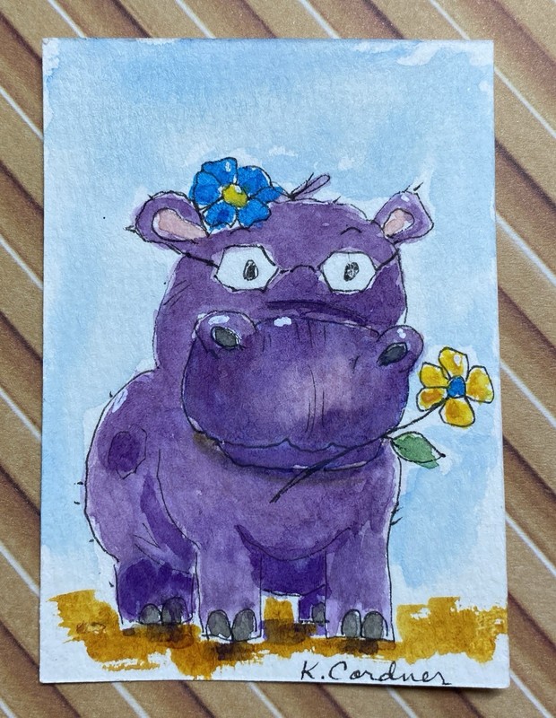 ACEO Original, Hippo, Animal, Kimberly Cordner