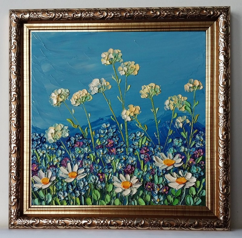 Framed Daisies Forget-Me-Not Wild Flowers Art 6×6” Impasto Oil Painting Original