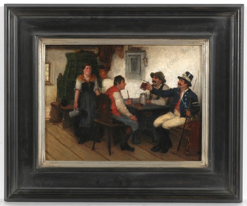 Attributed to Hugo Kauffmann (1844-1915) «Bavarian Tavern Scene» Oil on Panel(m)