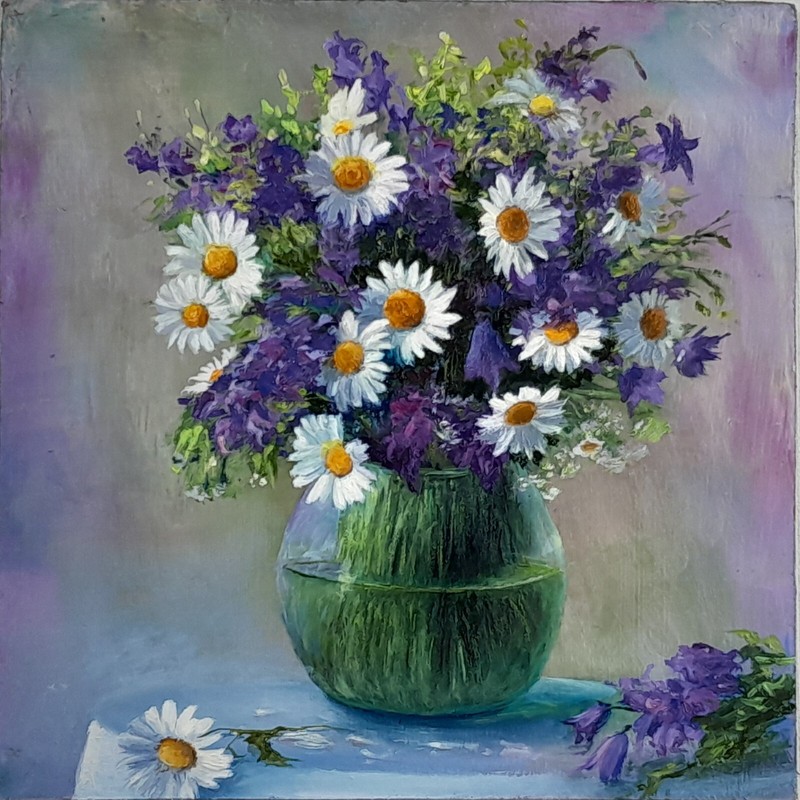 Oil Paintings Original Full Flowers In Glass Vase On Hardboard Size 8 on 8 Inche