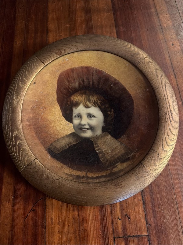 RARE Antique hand Painted portrait Of little girl on concaved porcelain 1 Of 1