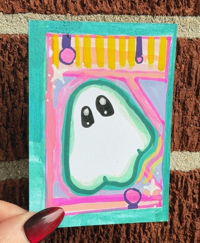 ACEO Original Painting Art Ghost Teal Dreamy Halloween Spooky 2.5 x 3.5 TWE