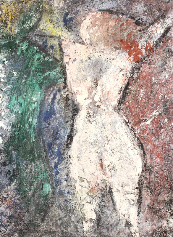 French Back Nude Female Modern Thick Paint Application Oil Painting Circa 2000