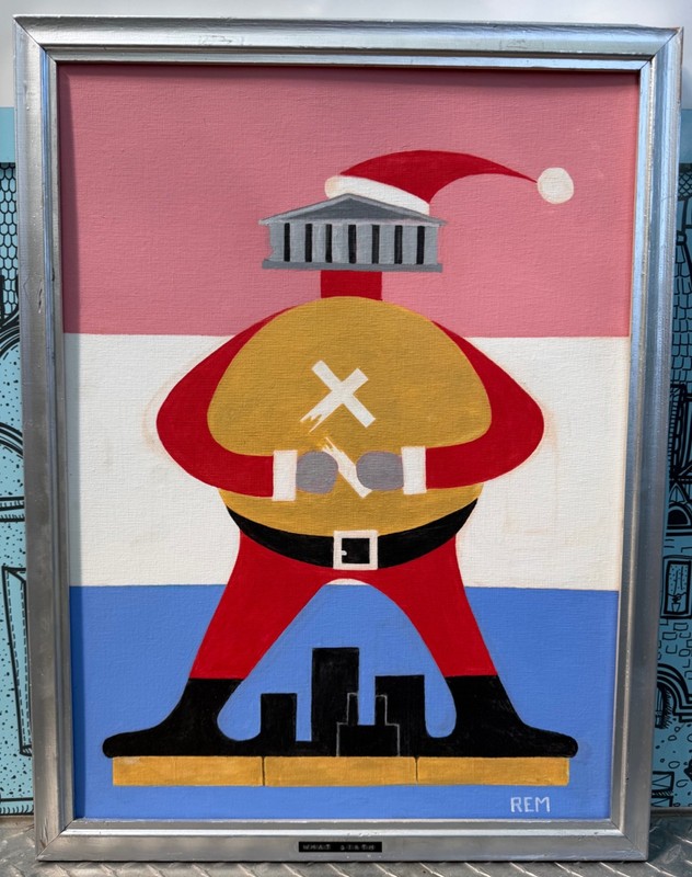 Vintage Abstract Figural Santa Claus Acrylic Painting Modern Signed REM Menges