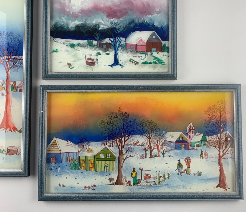 Naive Back Stained Glass Set of 4 Signed Winter in the Country Village From Estate gallery