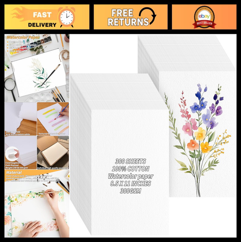 300 Sheets Watercolor Paper 140LB 300GSM - 8.5x11" Art & Craft Paper for Paintin