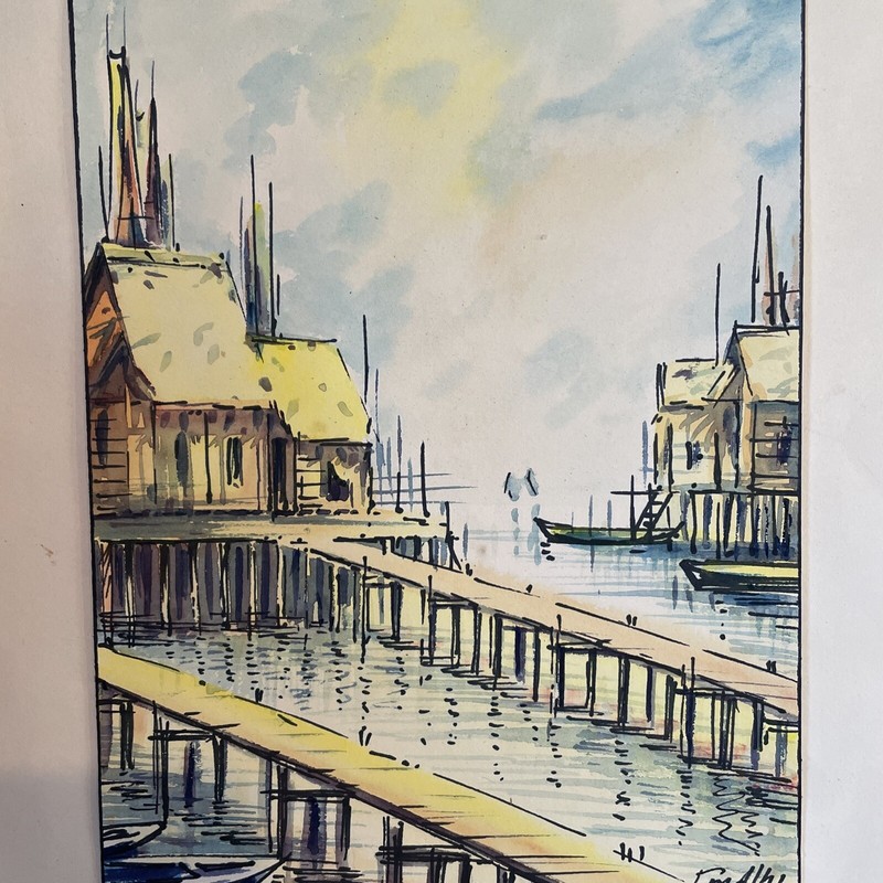 Vintage Original Signed Pen & Ink Watercolor Painting Village On Waterway Dock gallery