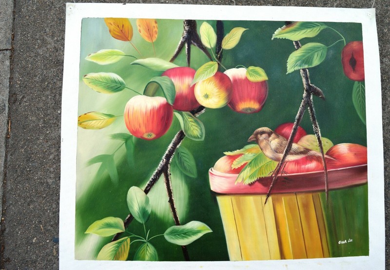 BIRD SPERROW STAND BUCKET UNDER APPLE TREE 24″ CANVAS OIL PAINTING ART GIFT F41