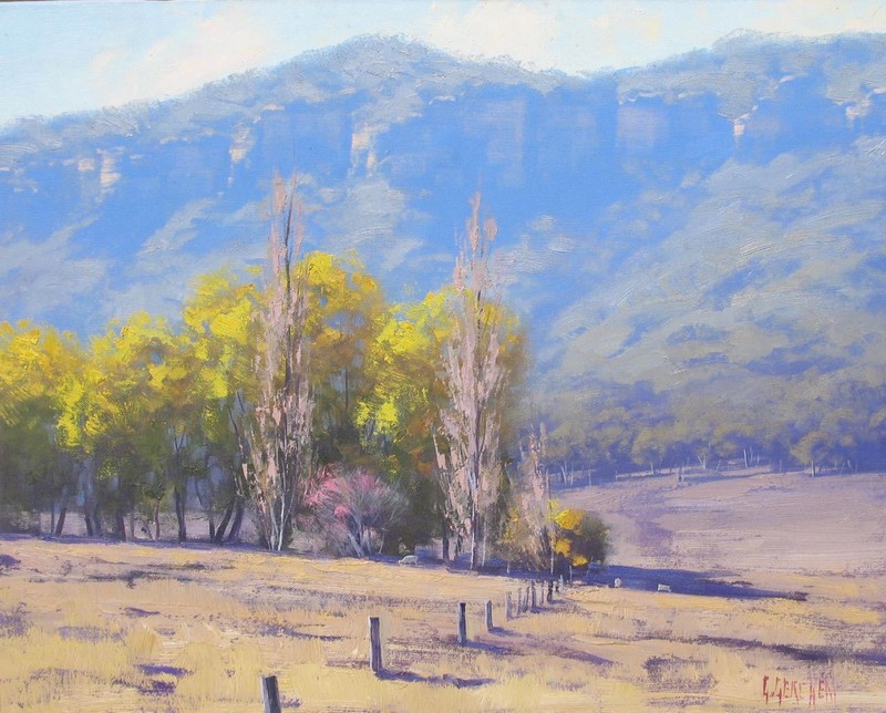 BEAUTIFUL ORIGINAL AUSTRALIAN OUTBACK LANDSCAPE OIL PAINTING RANCH MOUNTAINS ART