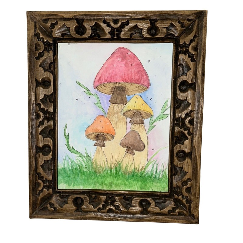 Whimsical Mushroom Watercolor Painting Carved Wood Frame Cottagecore 17″x14″