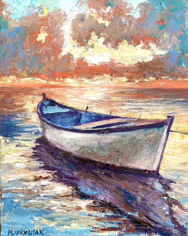 Sunset Lake boat Landscape Original Plain Air OIL PAINTING IDKOWIAK