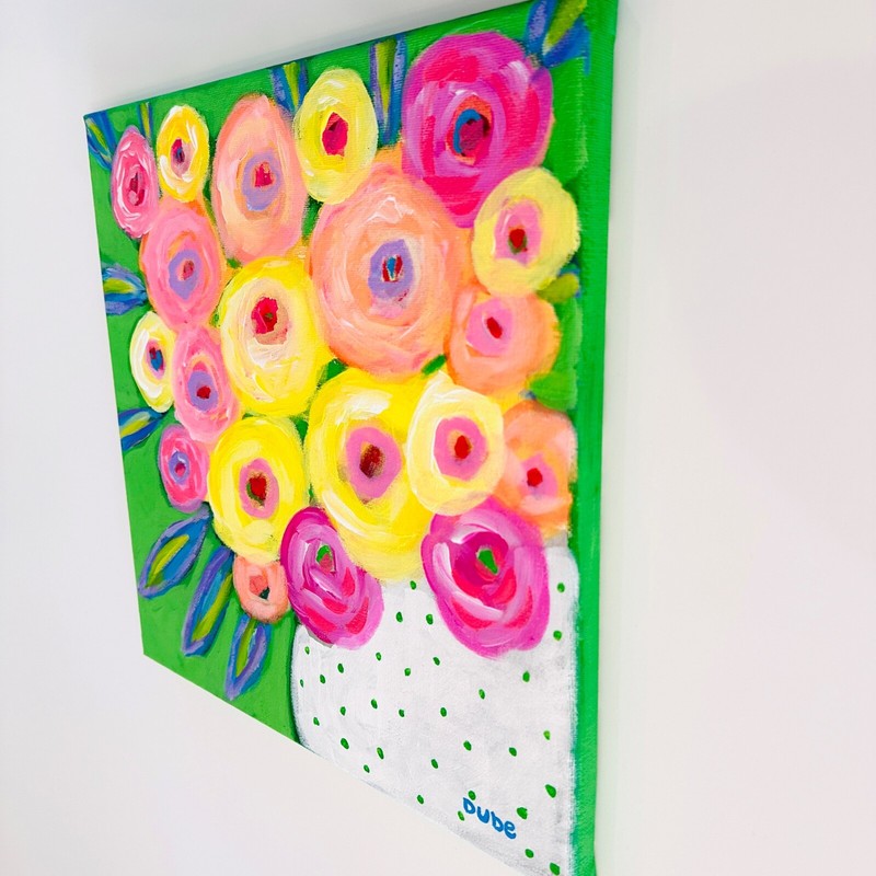 Original Painting Still Life Roses White Polka Dot Vase 12" x 12" JERI DUBE gallery
