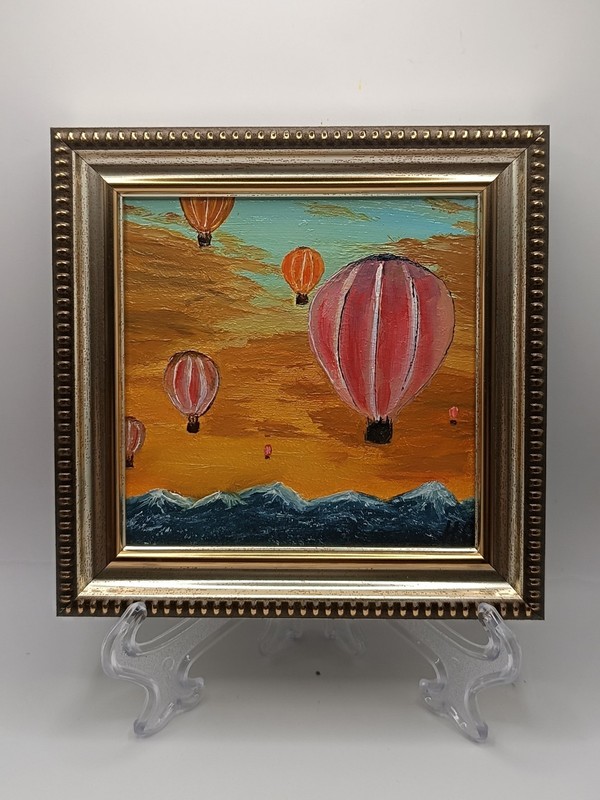 Original Sunset Mountains Painting Small Framed Colorful Air Balloons Artwork gallery