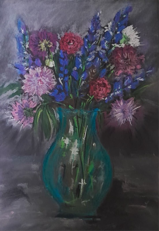 Original Floral Pastel/Paper Painting – Purple Lupines & Pink Dahlias 8.3×11.4in