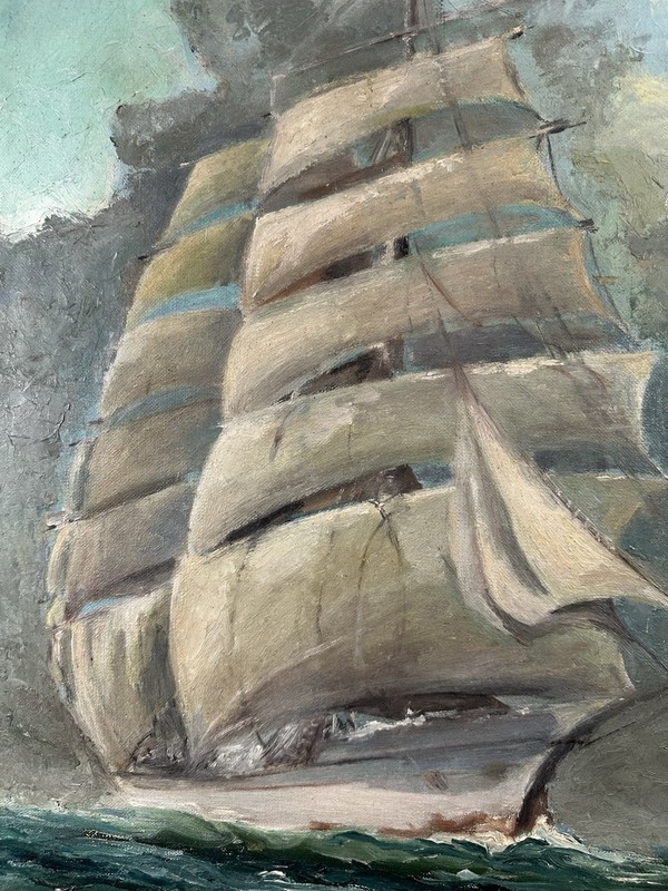 Old Oil On Canvas Signed: Sailing Boat Gliding At Sea 50 x 64 cm Marine gallery