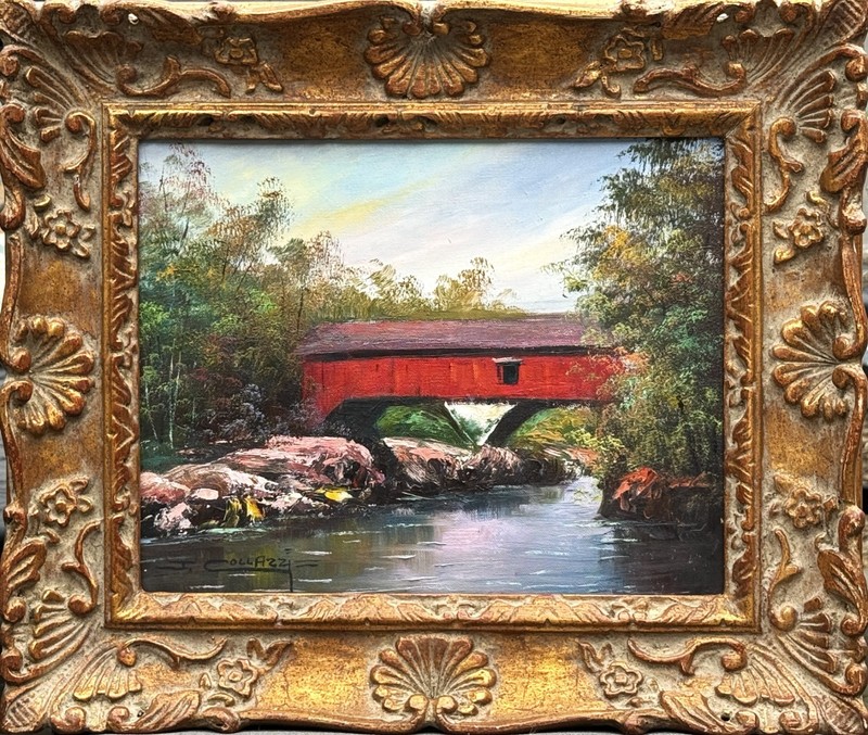 Joseph Collazzi (Italian American), VTG Orig. «Red Covered Bridge» O/C, Signed!