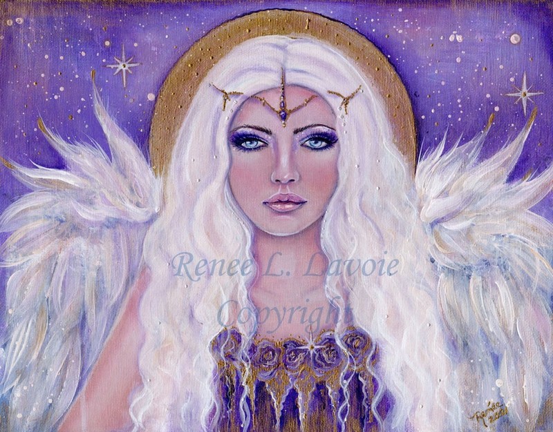 ORIGINAL Angel purple and gold fantasy painting portrait By Renee L. Lavoie