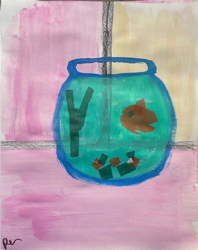 Fishbowl Friend 11X 14″ Collage Acrylic Painting Canvas Loose Paper