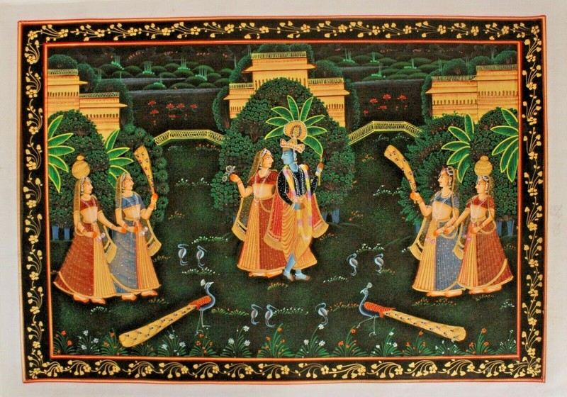 Radha Krishna Painting Handmade Hindu Religious Art On Silk Cloth 21x15 Inches