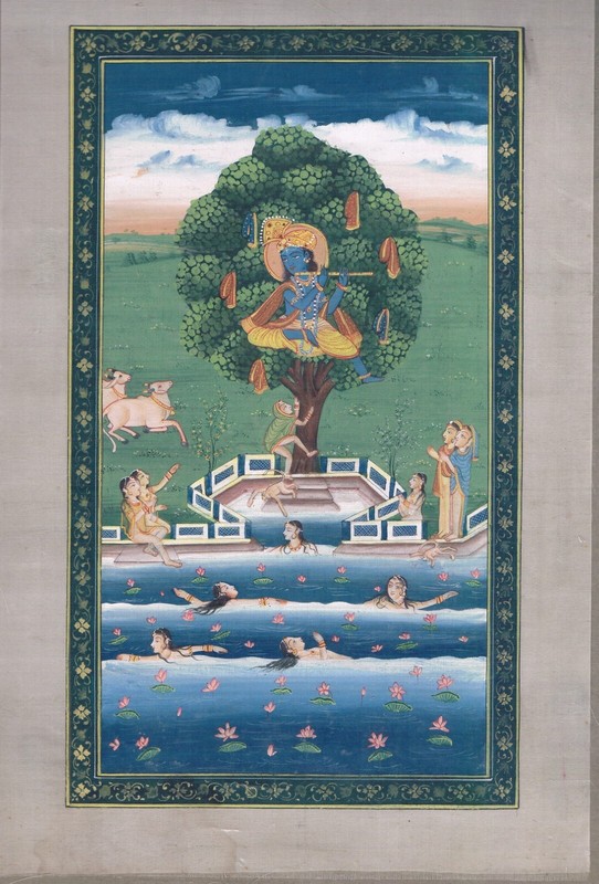 Miniature Painting Of Lord Krishna On The Tree & Gopiys In The River 7×11 Inches