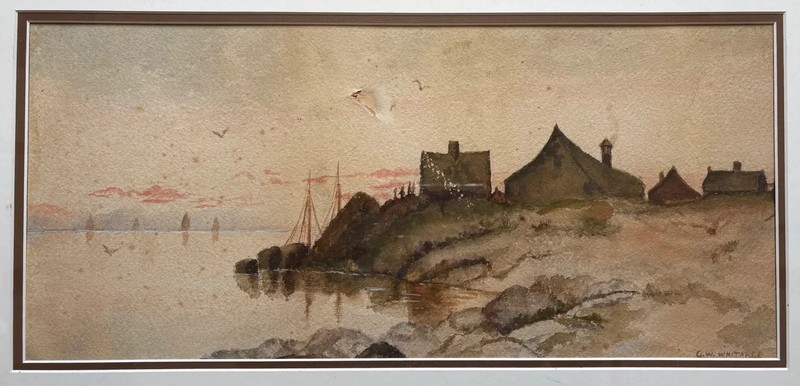 George W. Whitaker Watercolor Harbor Landscape Signed Framed Painting Coastal gallery