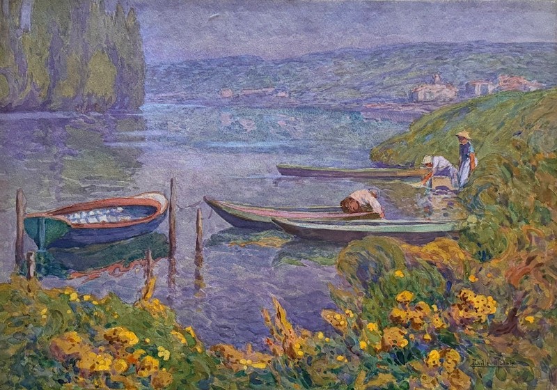Achille Mohrien, Antique French Watercolor Impressionist Landscape River Boats