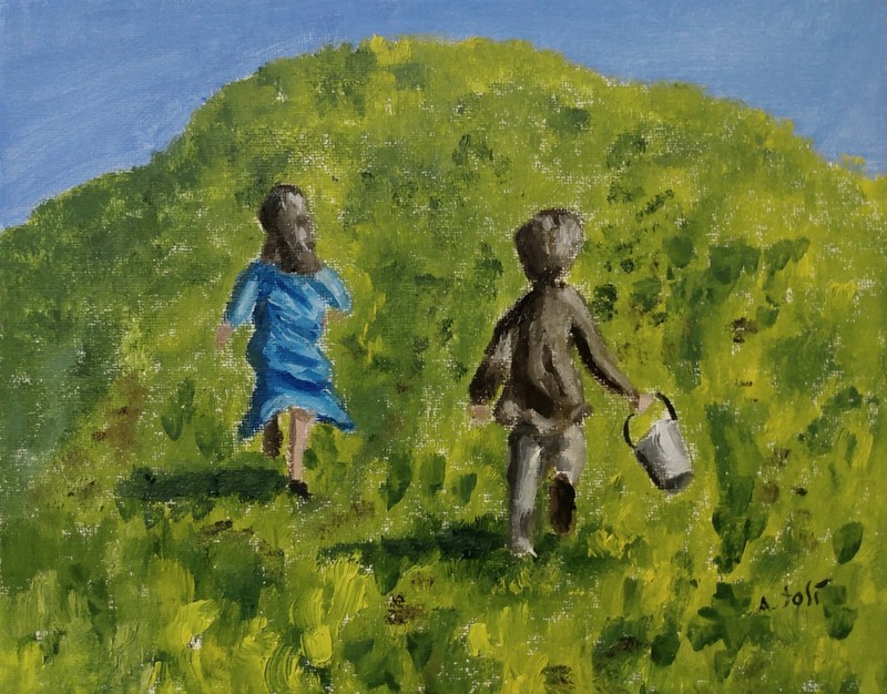 Oil Painting of Nursery Rhyme Child Children Kids Running Landscape Art A. Joli