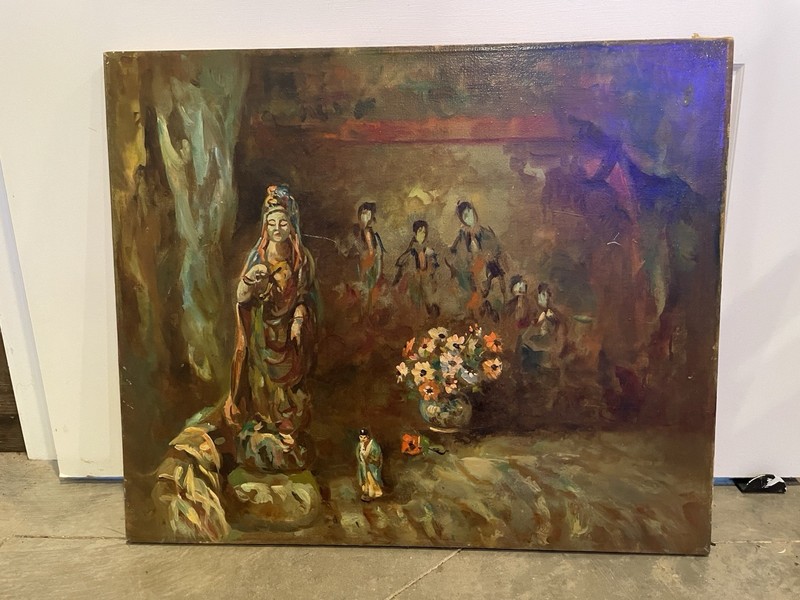 Vintage Oil Painting STILL LIFE ORIENTAL STATUE Antique 24”X 20” gallery