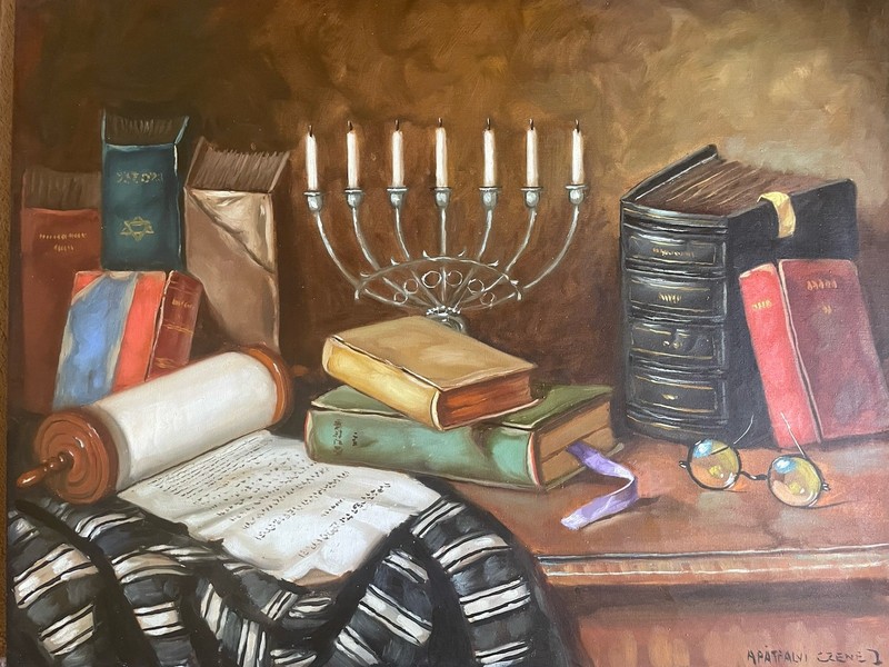 Janos Czene Apatfalvi – Menorah, Torah Scroll, Tallit Shawl and Books – Judaica