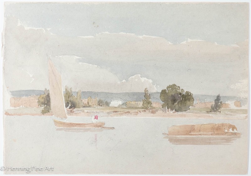 Antique Middle Eastern Watercolor Coastal Riverscape w/ City, Fine Verso C. 1810