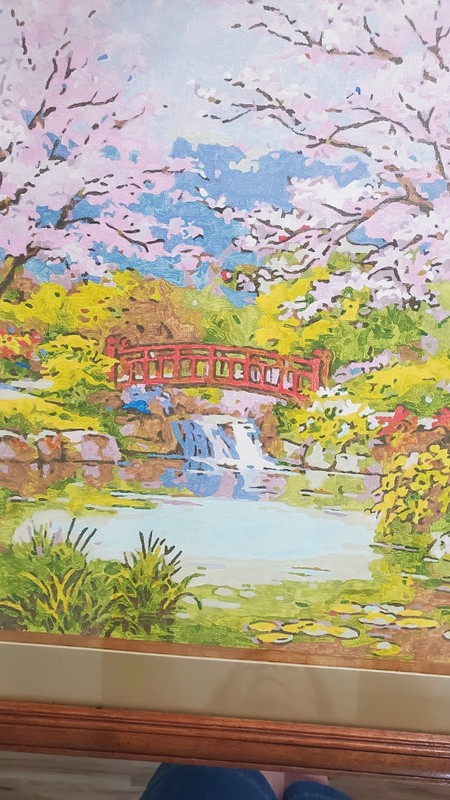 JAPANESE CHERRY BLOSSOMS PAINT BY NUMBERS PAINTING RED Bridge 22x26 FRAMED gallery