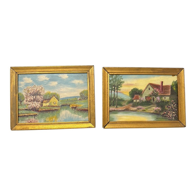 Pair of Framed Oil Paintings Cottage New England Landscape Signed 7″ x 9″