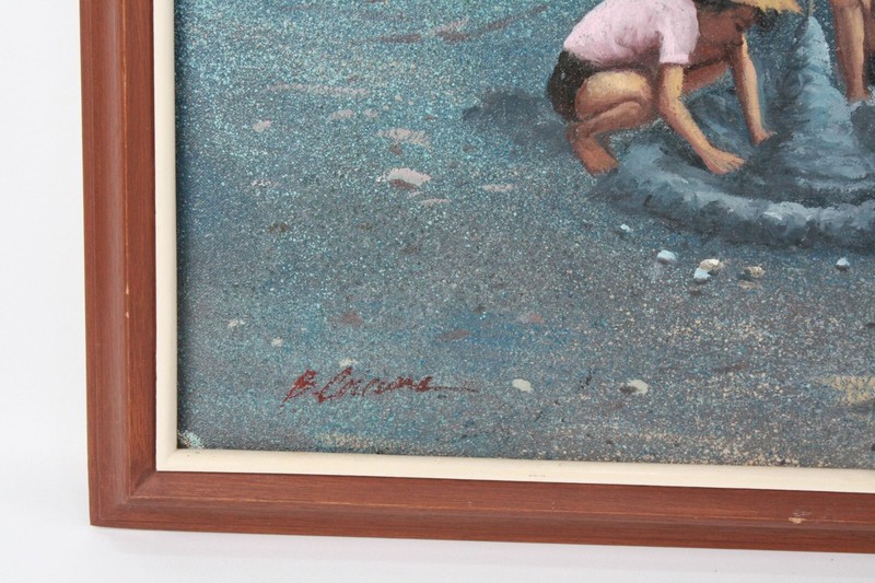 Vintage Children Playing On The Beach Oil Painting On Canvas Signed Illegible gallery
