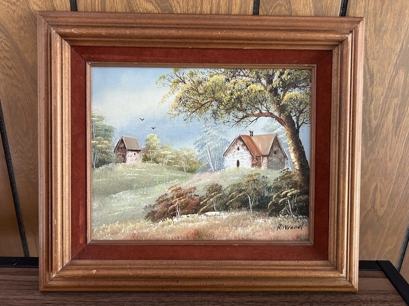 Vintage Oil Painting Rural Landscape Original Wood Frame Signed R Wood