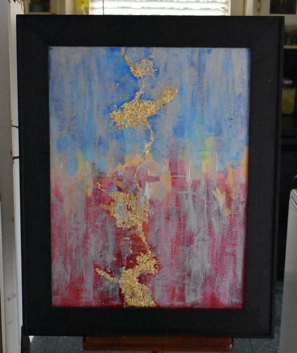 FUN COLORFUL ORIGINAL ABSTRACT OIL PAINTING WITH VERTICAL GOLD LEAF FLAKES VEIN