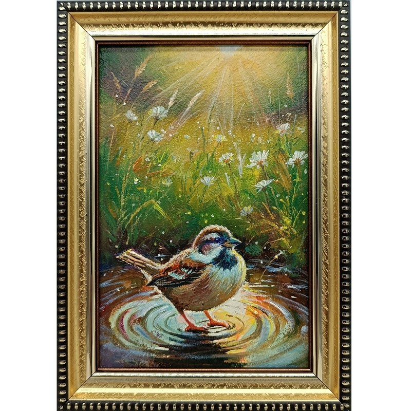 Sparrow Original Oil Painting 4×6 Framed Signed Bird in Puddle Floral Wall Art