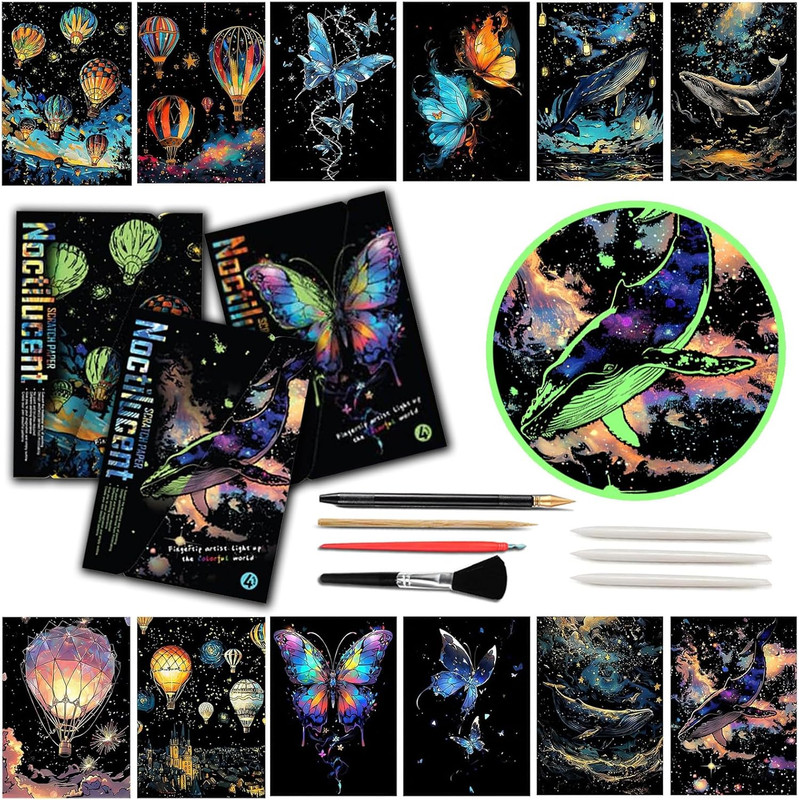 Glow in the Dark Scratch Art Paper，Engraved Landscape Scratch Painting Rainbow B