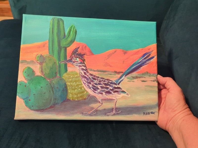Roadrunner Home Original Acrylic signed RAMFISH Artist Canvas 9 x 12" Desert gallery