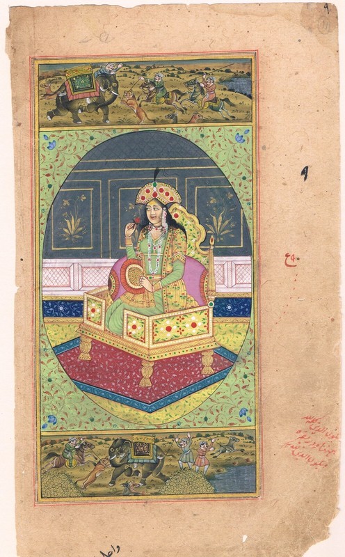 Indian Mughal Painting Empress Mumtaj Mahal Sitting On Chair 5.5×9.5 Inches
