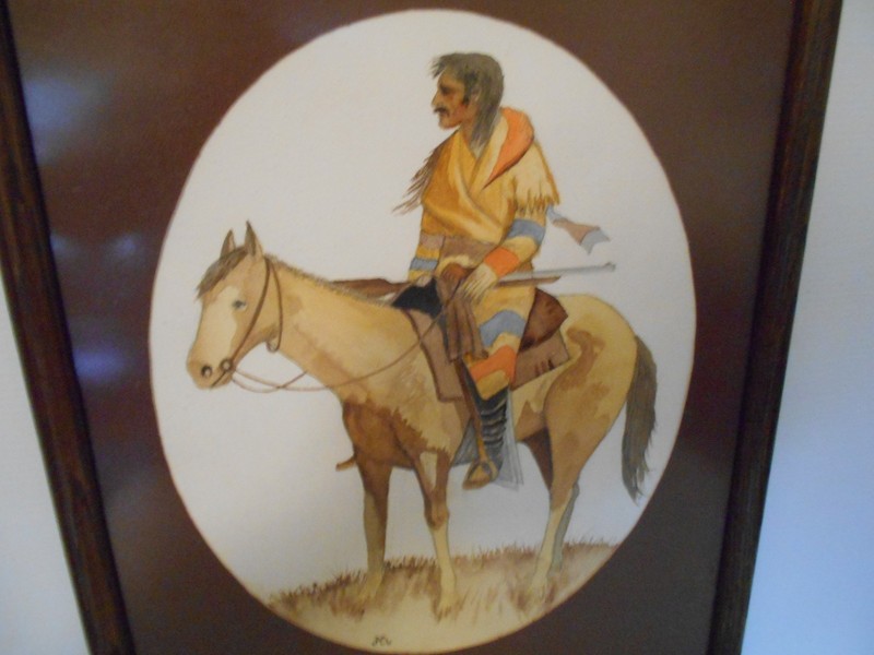 FRAMED 21 1/2" X 17 1/2" INDIAN ON HORSE WATERCOLOR PAINTING BY JOHN MOLDSTAD gallery