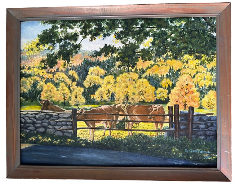 1979 Texas Farm Painting Autumn Landscape with Cows by G. Gartrell – Framed gallery