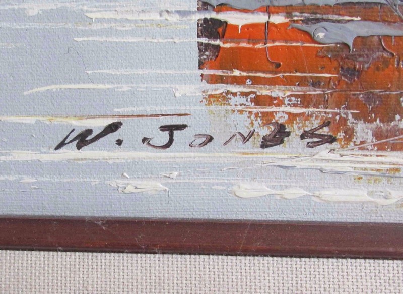 W.JONES HARBOR SCENE Ship Boat OIL ON CANVAS PAINTING ORIGINAL framed 28" Wide gallery