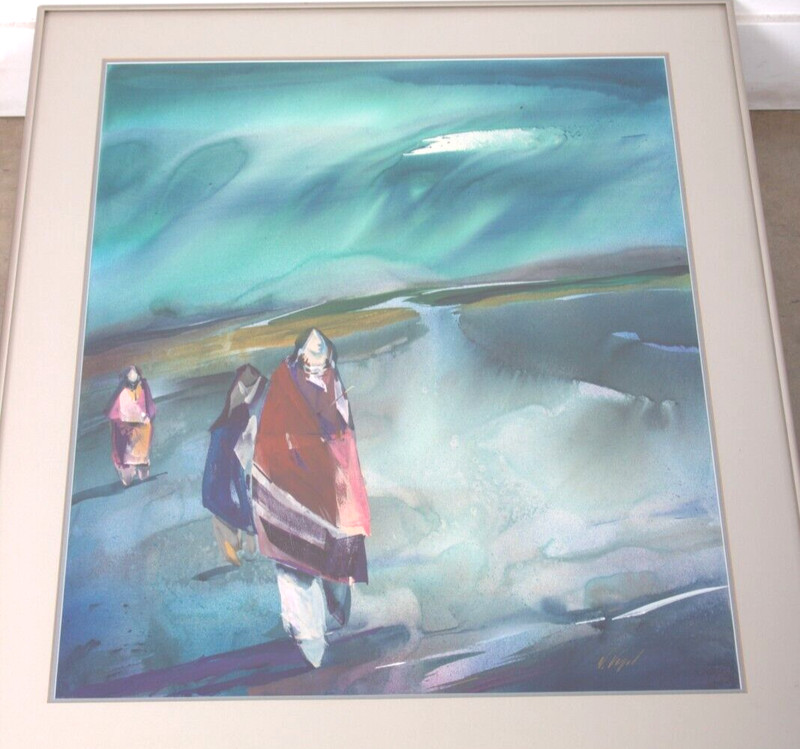 Framed Colorful Acrylic on Paper Painting Veloy Vigil Taos, New Mexico Artist