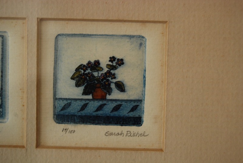 VTG FRAMED 3 MINIATURE SIGNED SARAH RISHEL COLORED ETCHING POTTED FLOWER PLANTS gallery