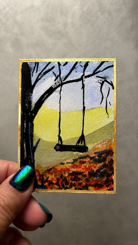 ACEO Original Art Tree Swing Silhouette Watercolor, 2.5×3.5 Wanda Fitzgerald Art