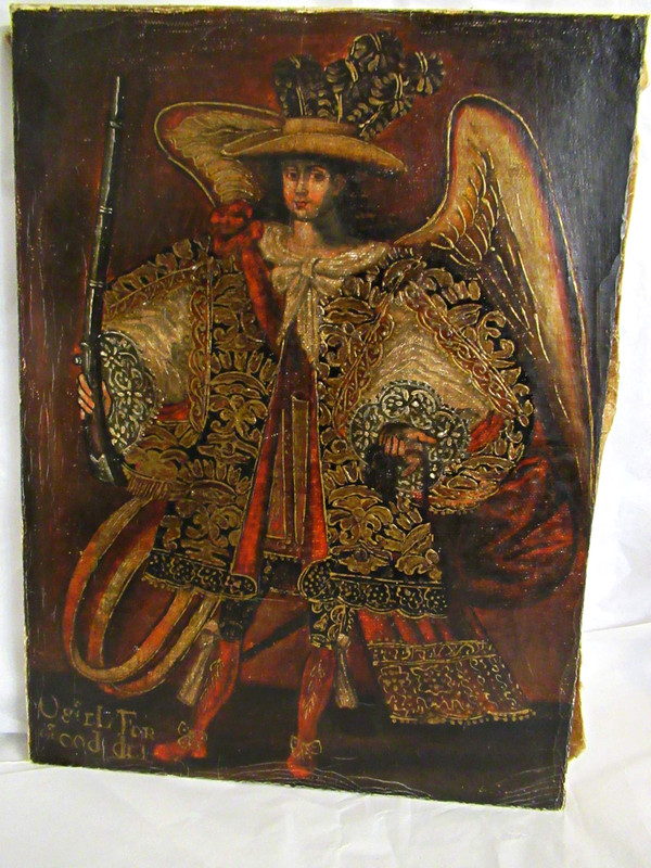 VTG CUZCO PERU RELIGIOUS OIL on CANVAS PAINTING ANGEL ARCABUCERO 15.5″ x 11.5″