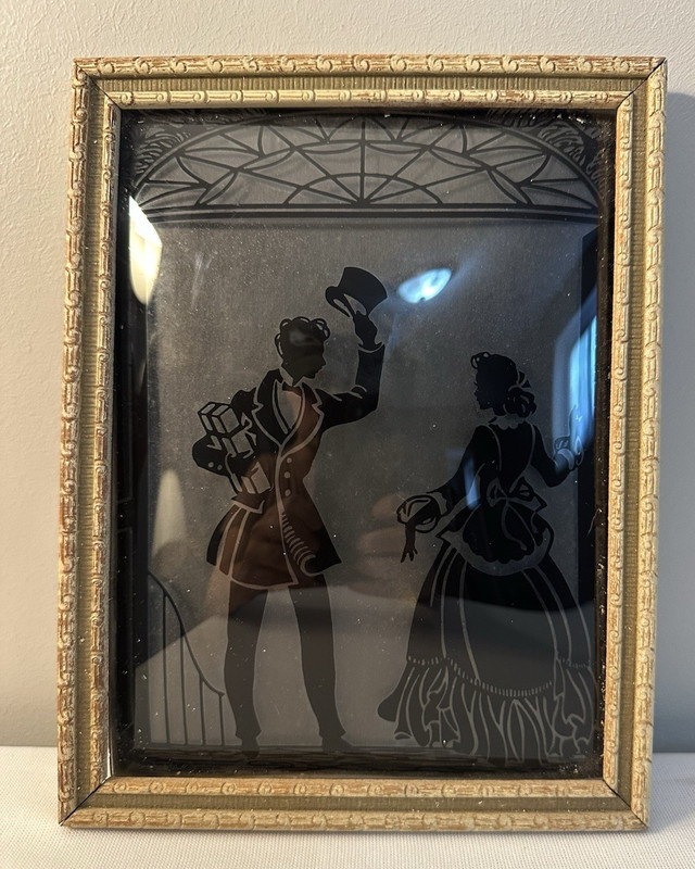 Vintage Silhouette Bubble Glass 6 3/4″ x 8 3/4″ Reverse Painting Framed Picture