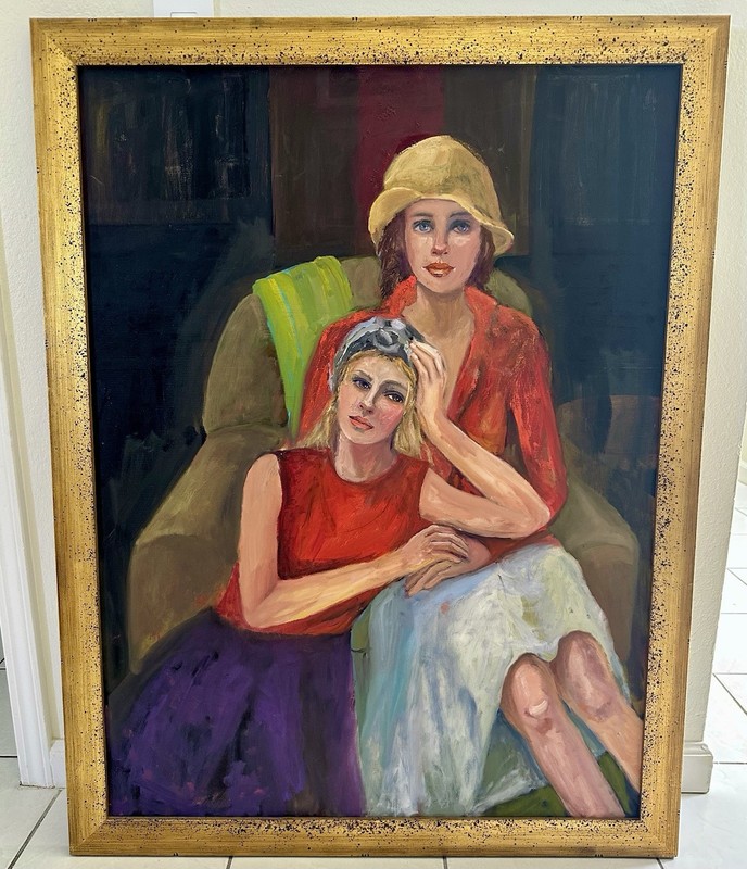 Geri Perlman Original Painting Figurative Portrait of Two Women Framed 34x44