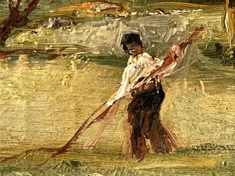 19th Century Rene Tener Signed Barbizon School Haystacks Scene Oil Painting gallery