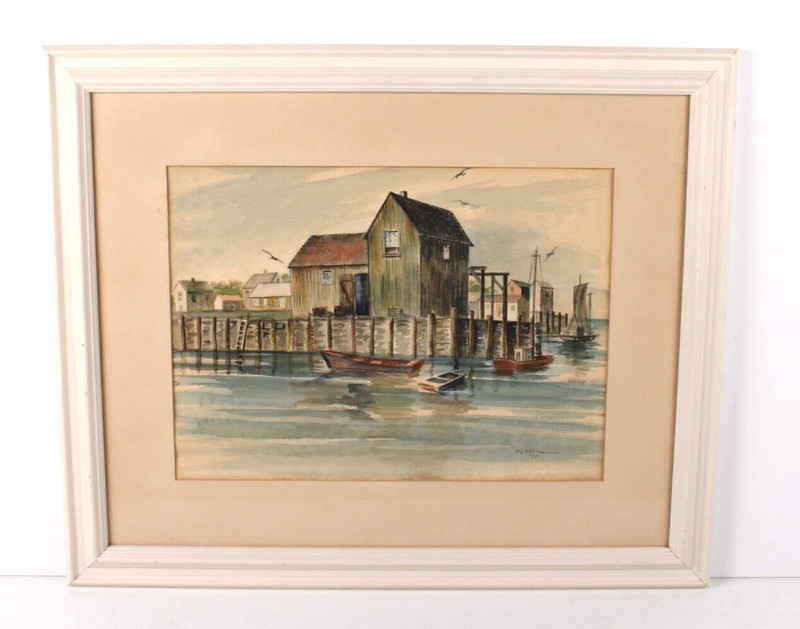 New England Boat Dock Coastal Watercolor Painting Signed Piersol 55